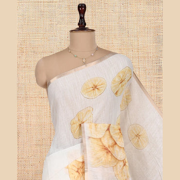 Pothys Borderless Cream Nentharanga Chips Printed Chanderi Cotton Saree, a Piping Border, Matching Blouse