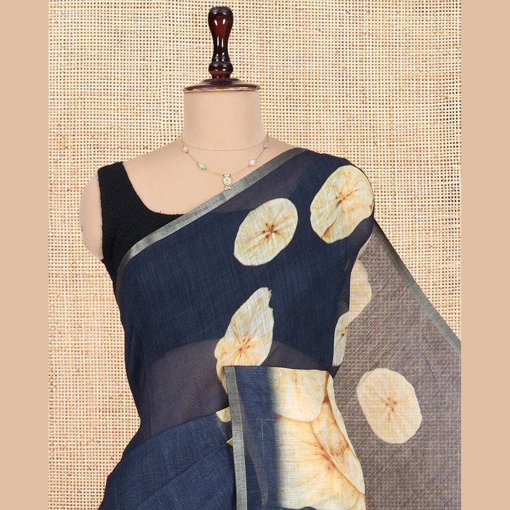 Pothys Borderless Elephant Grey Nentharanga Chips Printed Chanderi Cotton Saree, a Piping Border, Matching Blouse
