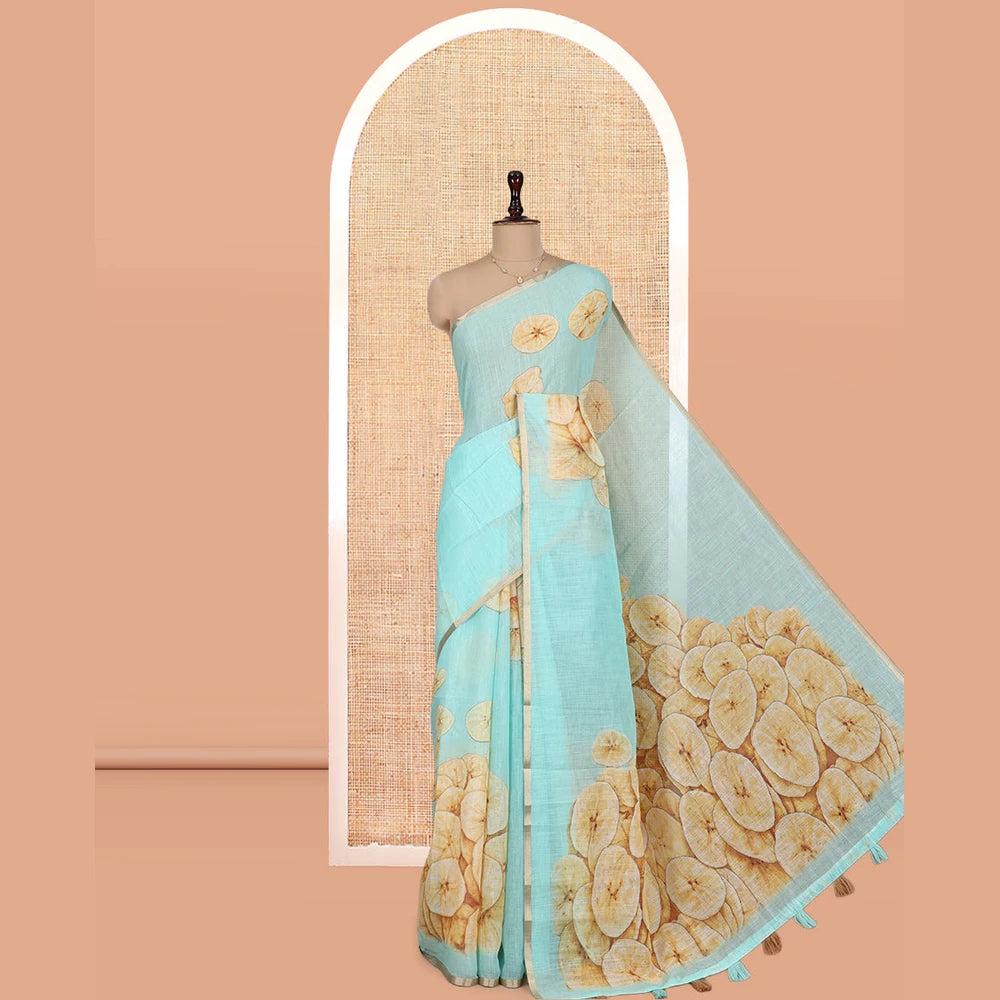 Pothys Borderless Sea Green Nentharanga Chips Printed Chanderi Cotton Saree, a Piping Border, Matching Blouse