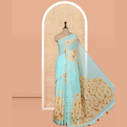 Pothys Borderless Sea Green Nentharanga Chips Printed Chanderi Cotton Saree, a Piping Border, Matching Blouse