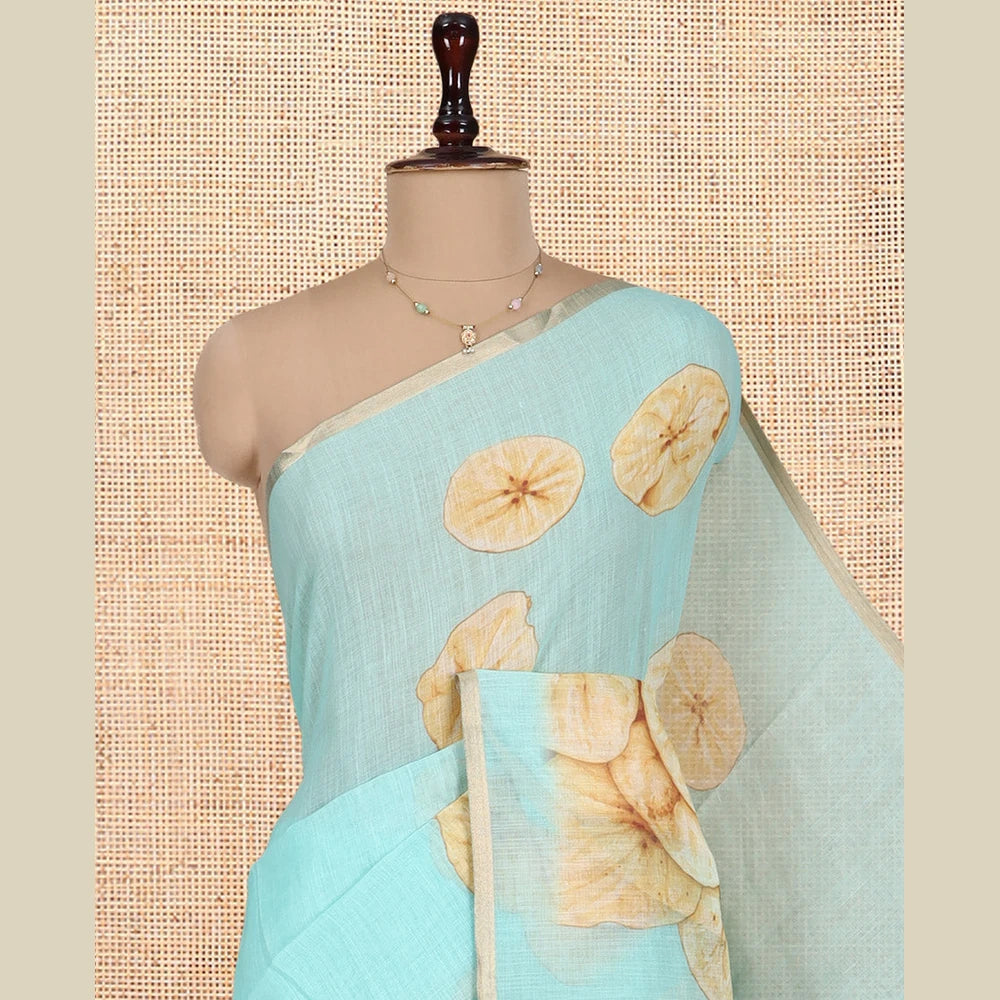 Pothys Borderless Sea Green Nentharanga Chips Printed Chanderi Cotton Saree, a Piping Border, Matching Blouse