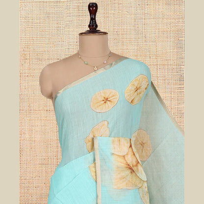 Pothys Borderless Sea Green Nentharanga Chips Printed Chanderi Cotton Saree, a Piping Border, Matching Blouse