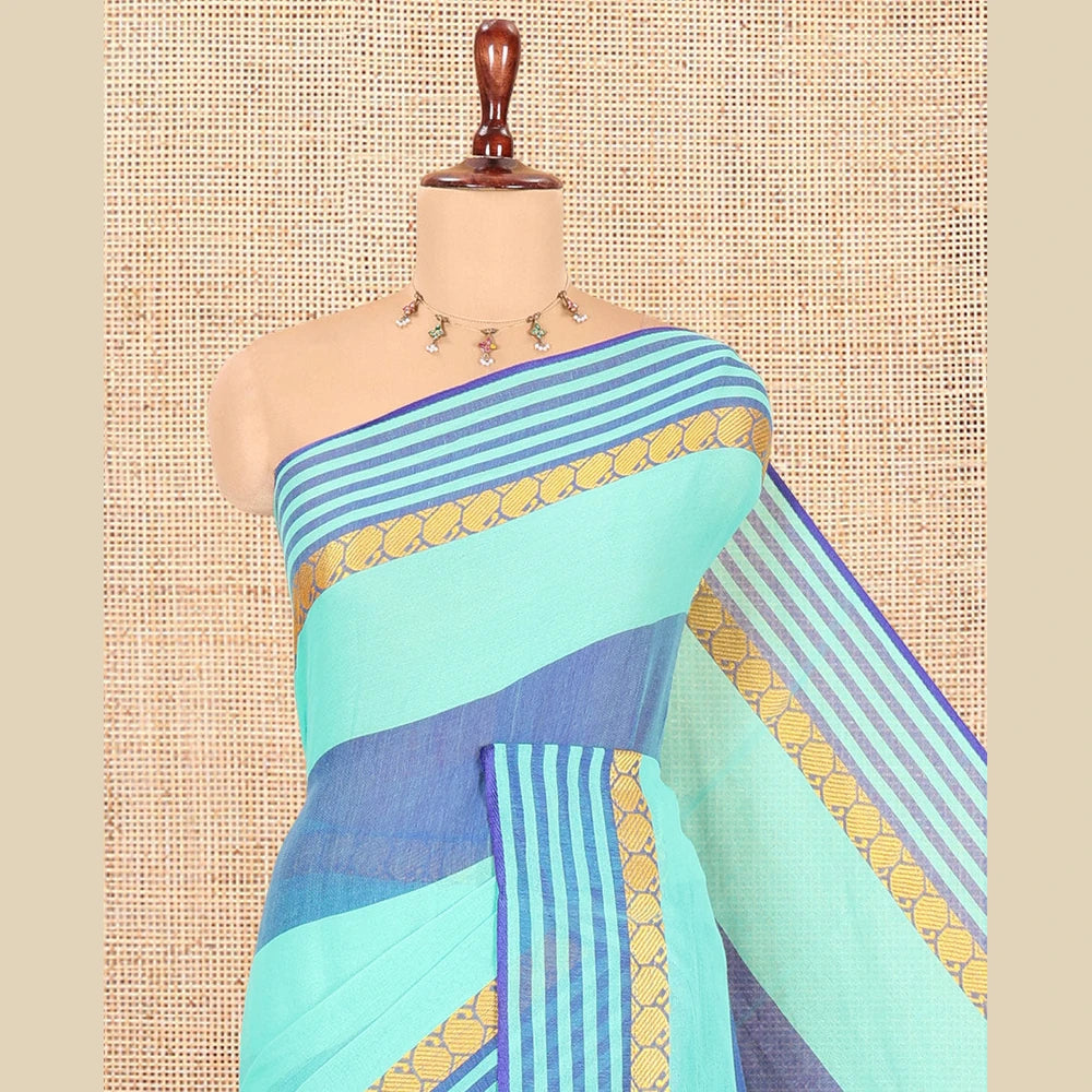 Pothys Royal Blue-Green Striped Khadi Cotton Saree, a Paisley Border, Checked Pallu, and No Blouse
