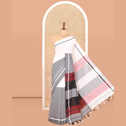 Pothys White-Grey Half-And-Half Plain Khadi Cotton Saree, a Self-Border, Striped Pallu, and No Blouse