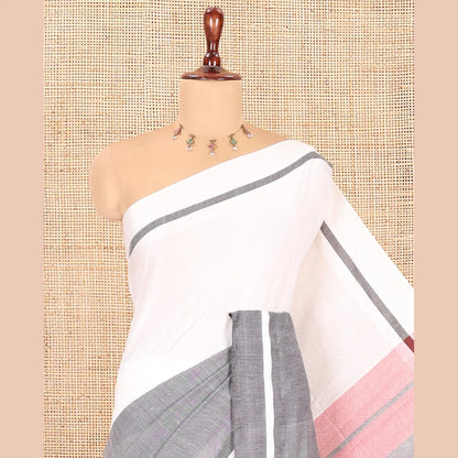 Pothys White-Grey Half-And-Half Plain Khadi Cotton Saree, a Self-Border, Striped Pallu, and No Blouse