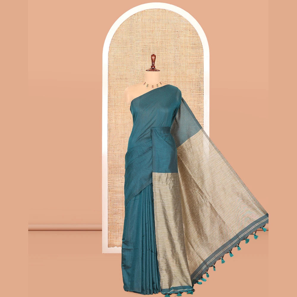 Pothys Borderless Peacock Green Plain Khadi Cotton Saree, Jute Pallu, and No Blouse