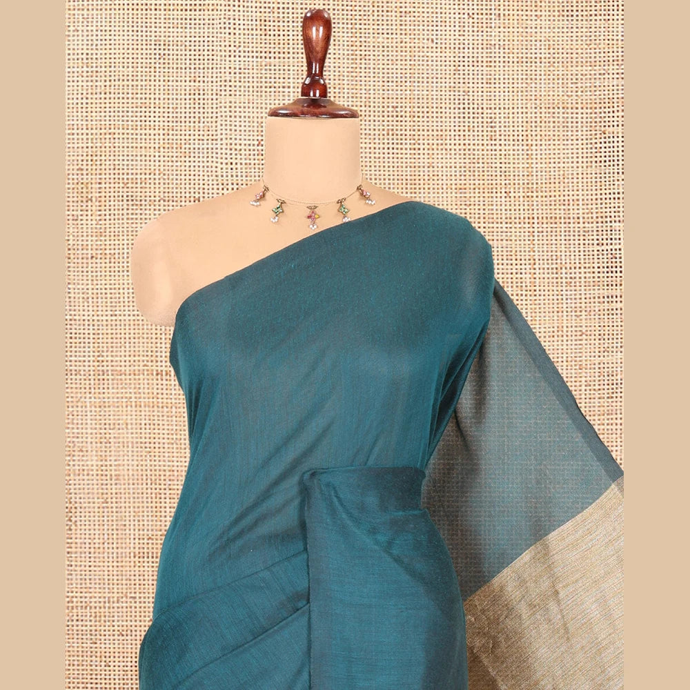 Pothys Borderless Peacock Green Plain Khadi Cotton Saree, Jute Pallu, and No Blouse