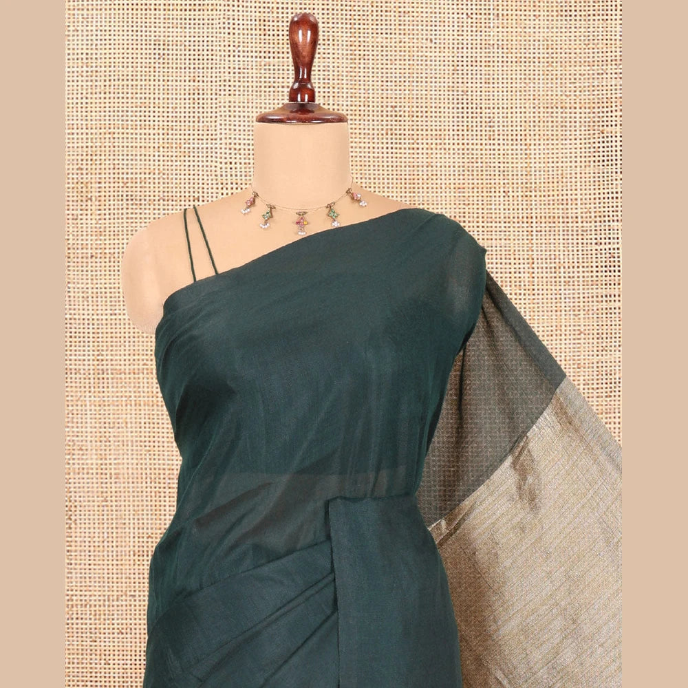 Pothys Borderless Green Plain Khadi Cotton Saree, Jute Pallu, and No Blouse