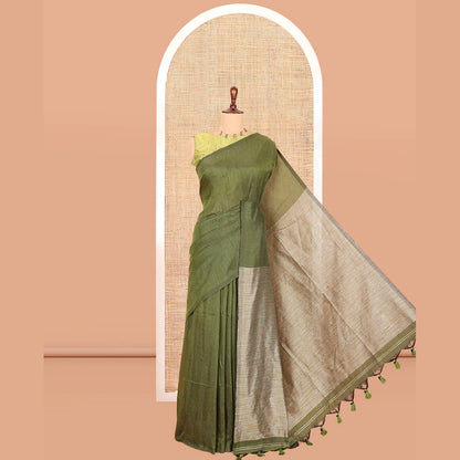 Pothys Borderless Olive Green Plain Khadi Cotton Saree, Jute Pallu, and No Blouse
