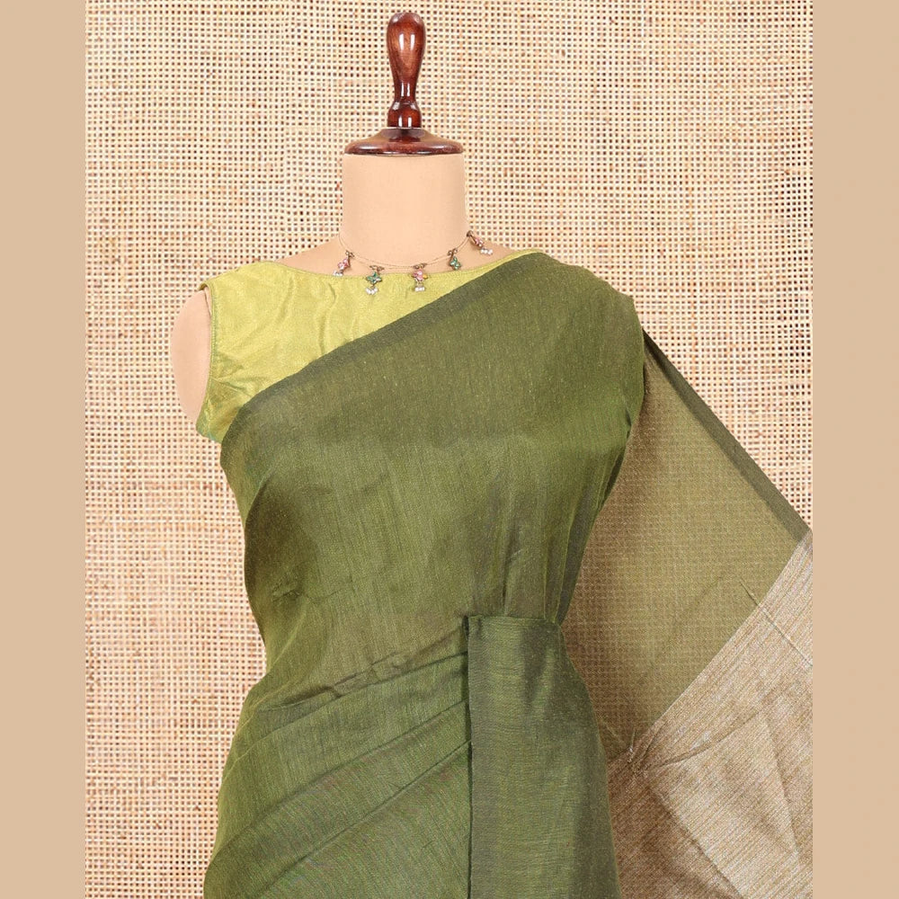 Pothys Borderless Olive Green Plain Khadi Cotton Saree, Jute Pallu, and No Blouse
