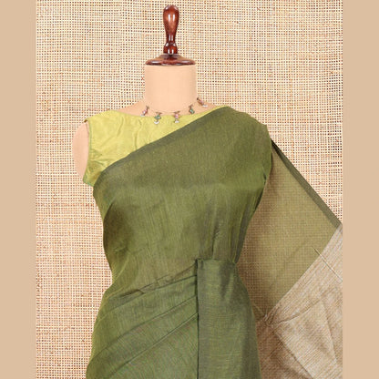 Pothys Borderless Olive Green Plain Khadi Cotton Saree, Jute Pallu, and No Blouse