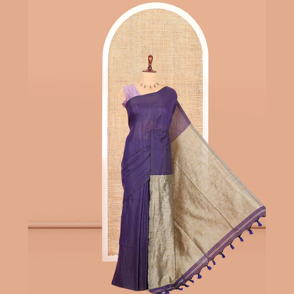 Pothys Borderless Violet Plain Khadi Cotton Saree, Jute Pallu, and No Blouse
