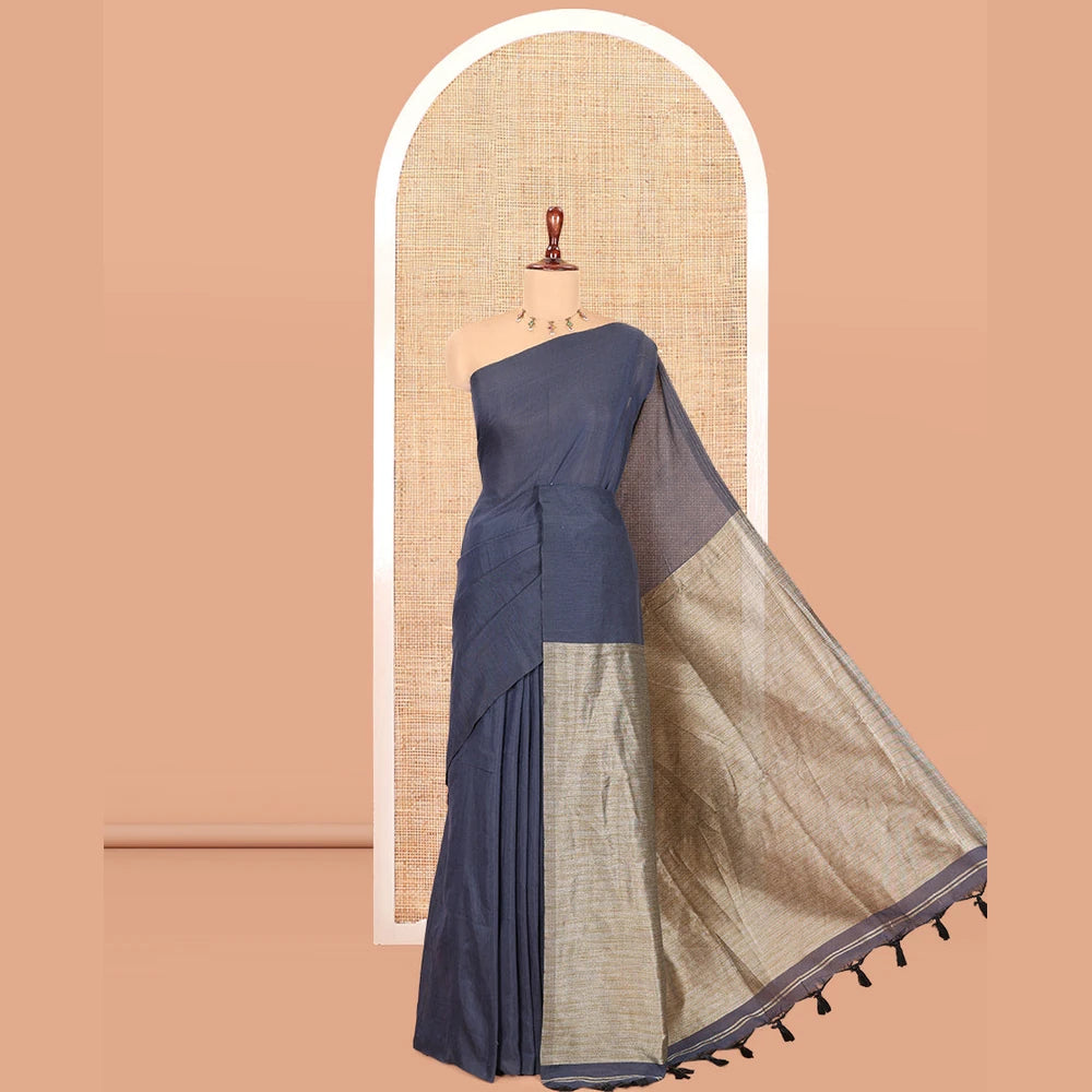 Pothys Borderless Grey Plain Khadi Cotton Saree, Jute Pallu, and No Blouse