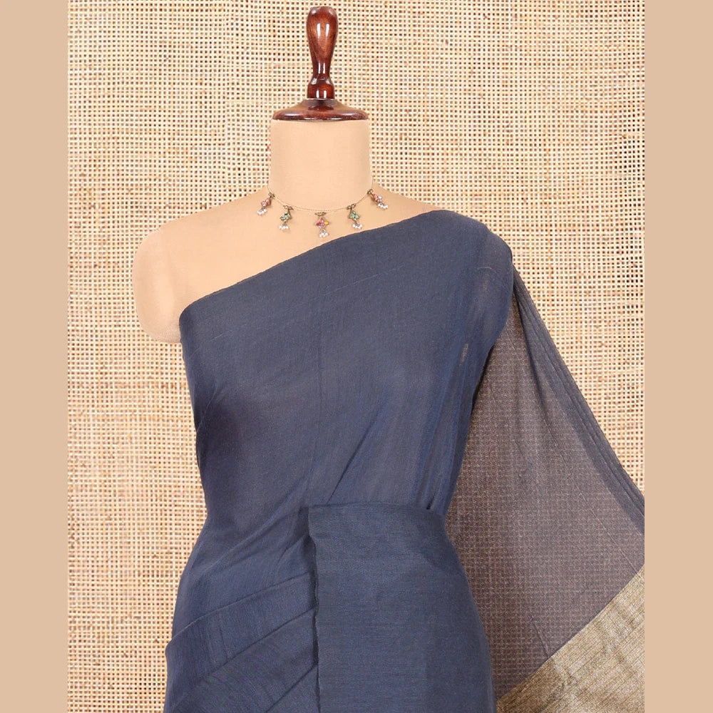 Pothys Borderless Grey Plain Khadi Cotton Saree, Jute Pallu, and No Blouse