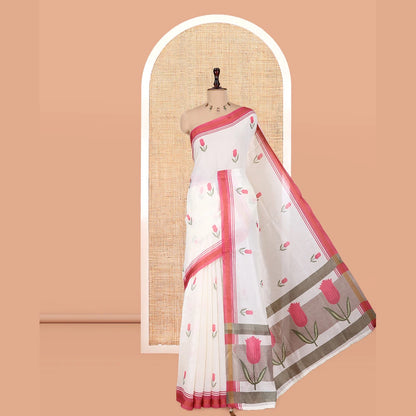 Pothys Gold Scandinavian Floral Kerala Cotton Saree, a Contrast Border, a Floral Pallu, and a Matching Blouse