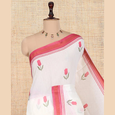 Pothys Gold Scandinavian Floral Kerala Cotton Saree, a Contrast Border, a Floral Pallu, and a Matching Blouse