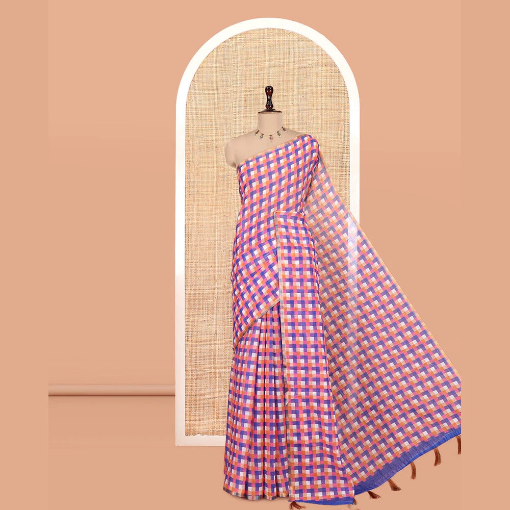 Pothys Borderless Orange-Royal Blue Checked Linen Cotton Saree, and Contrast Blouse