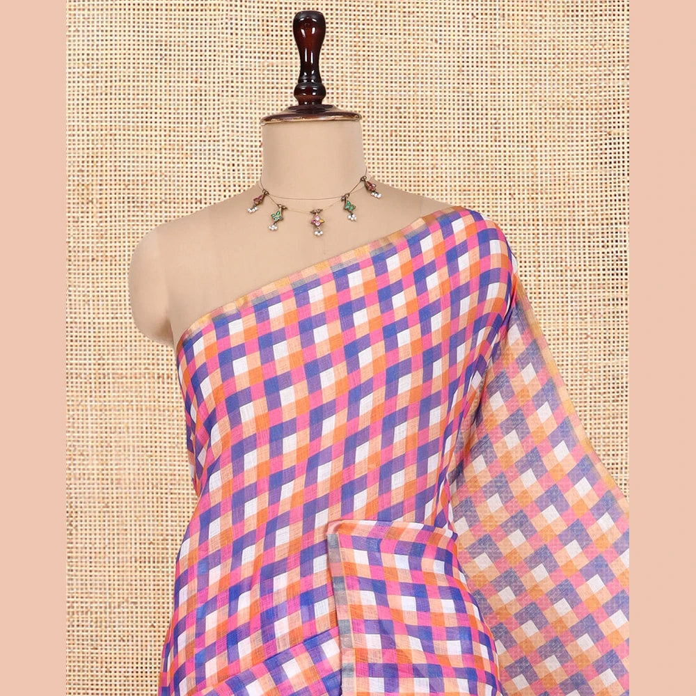 Pothys Borderless Orange-Royal Blue Checked Linen Cotton Saree, and Contrast Blouse