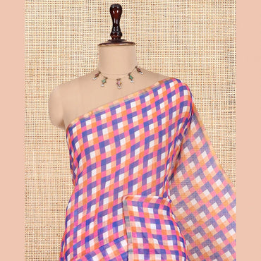 Pothys Borderless Orange-Royal Blue Checked Linen Cotton Saree, and Contrast Blouse