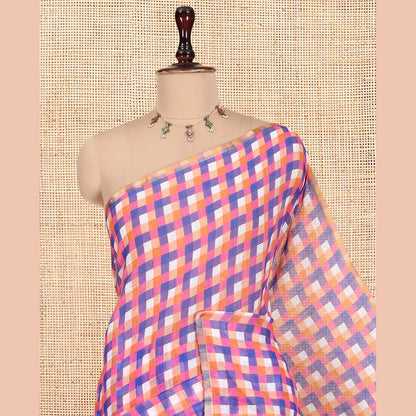 Pothys Borderless Orange-Royal Blue Checked Linen Cotton Saree, and Contrast Blouse