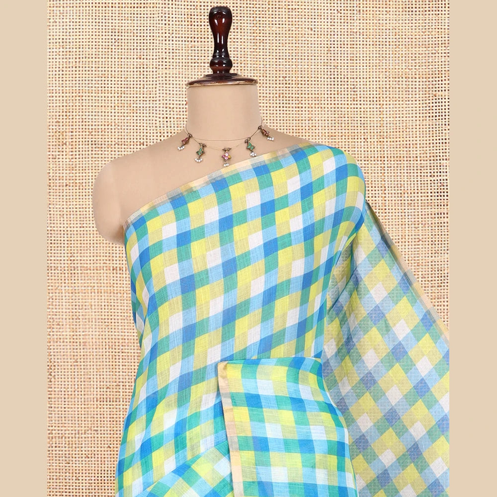 Pothys Borderless Lemon Yellow-Blue Checked Linen Cotton Saree, and Contrast Blouse