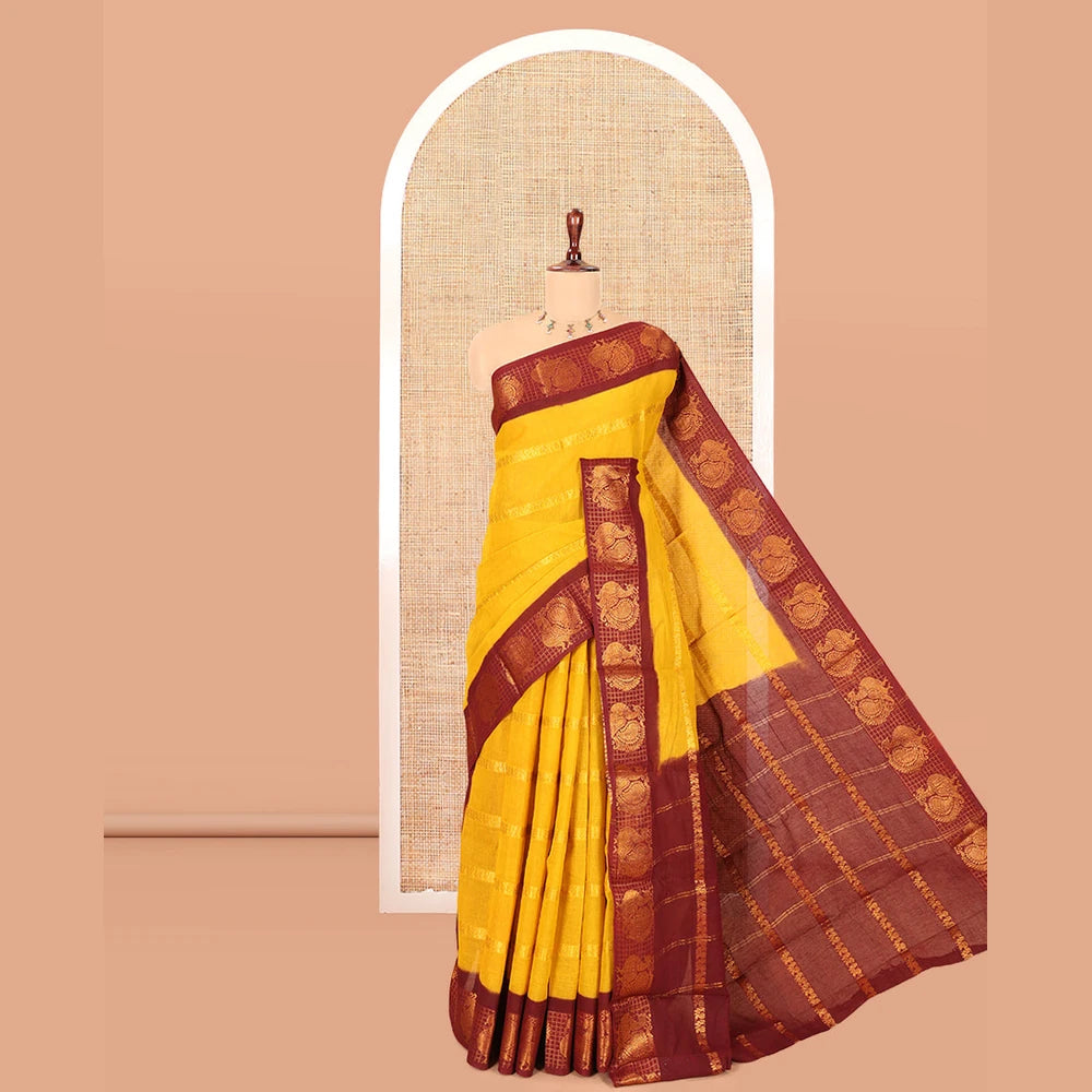 Pothys Mustard Peacock Buttas Sungudi Cotton Saree, Contrast Checked Peacock Border, Contrast Blouse