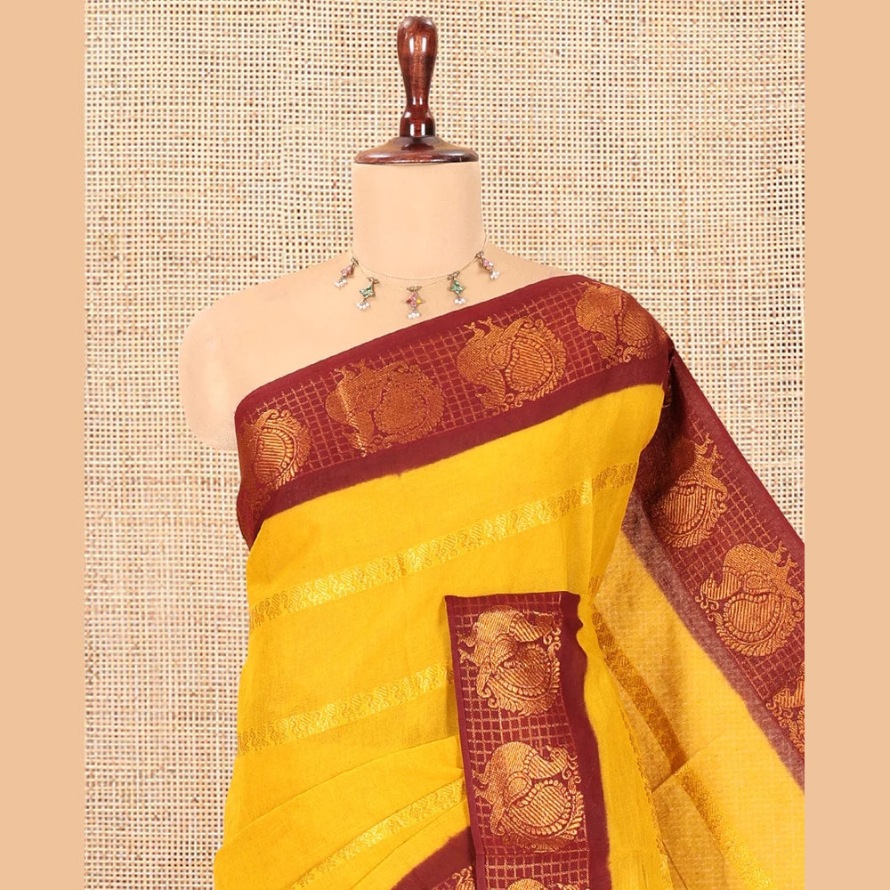 Pothys Mustard Peacock Buttas Sungudi Cotton Saree, Contrast Checked Peacock Border, Contrast Blouse