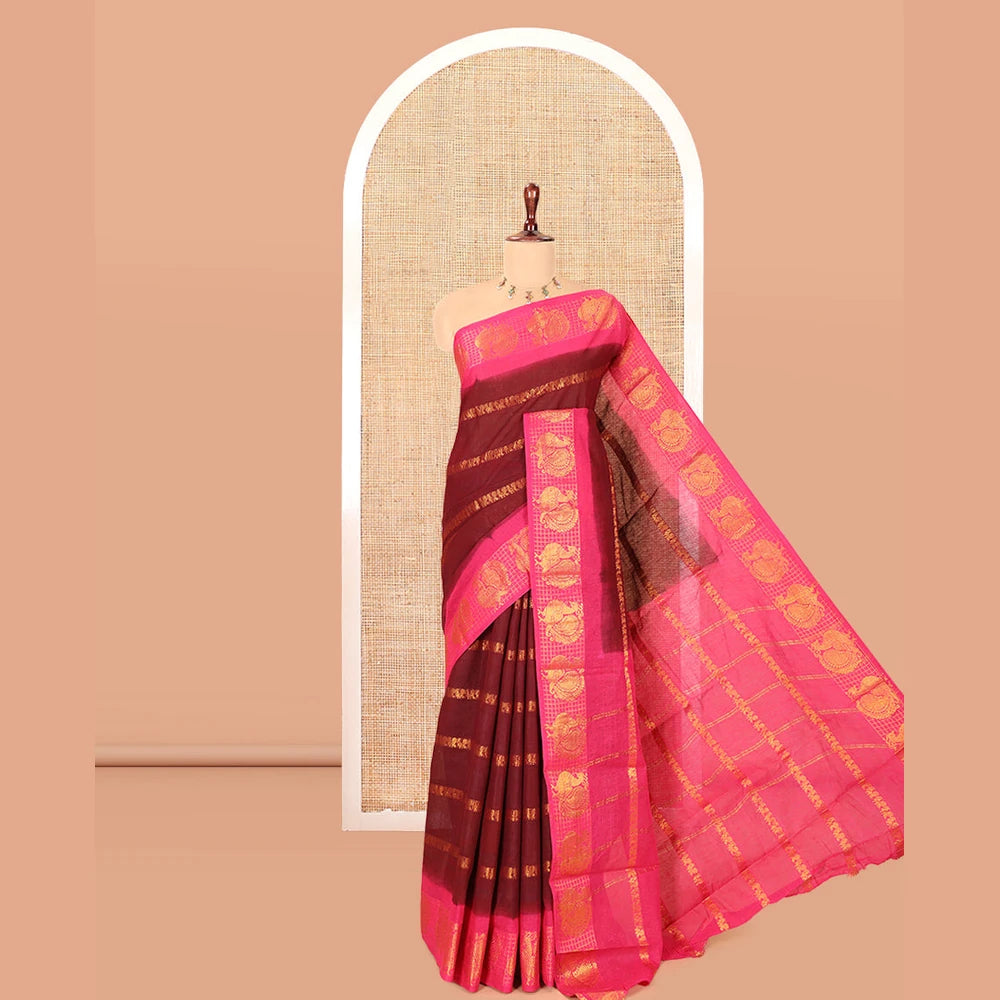 Pothys Maroon Peacock Buttas Sungudi Cotton Saree, Contrast Checked Peacock Border, Contrast Blouse