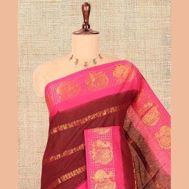 Pothys Maroon Peacock Buttas Sungudi Cotton Saree, Contrast Checked Peacock Border, Contrast Blouse