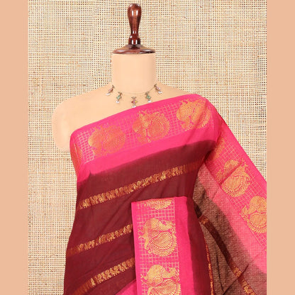 Pothys Maroon Peacock Buttas Sungudi Cotton Saree, Contrast Checked Peacock Border, Contrast Blouse
