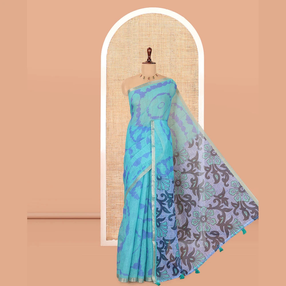 Pothys Rama Shibori Printed Linen Cotton Saree, a Piping Border, Floral Pallu, and a Contrast Blouse