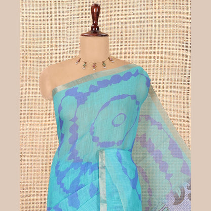 Pothys Rama Shibori Printed Linen Cotton Saree, a Piping Border, Floral Pallu, and a Contrast Blouse