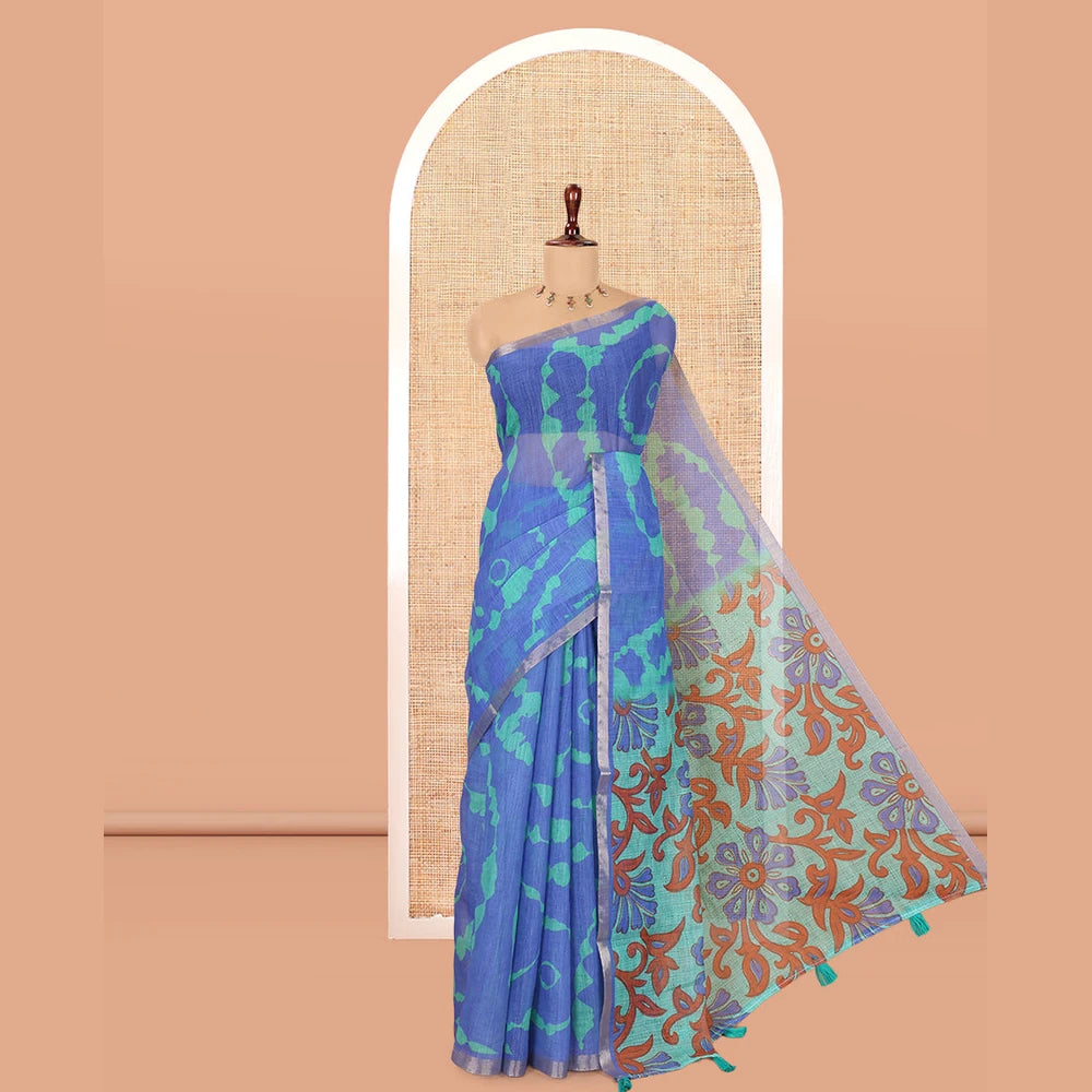 Pothys Royal Blue Shibori Printed Linen Cotton Saree, a Piping Border, Floral Pallu, and a Contrast Blouse