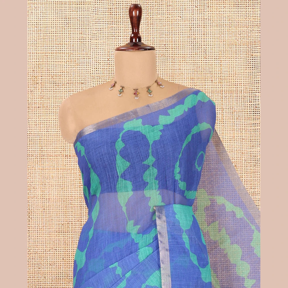 Pothys Royal Blue Shibori Printed Linen Cotton Saree, a Piping Border, Floral Pallu, and a Contrast Blouse