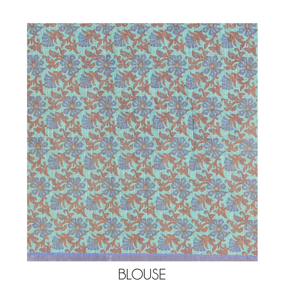 Pothys Royal Blue Shibori Printed Linen Cotton Saree, a Piping Border, Floral Pallu, and a Contrast Blouse