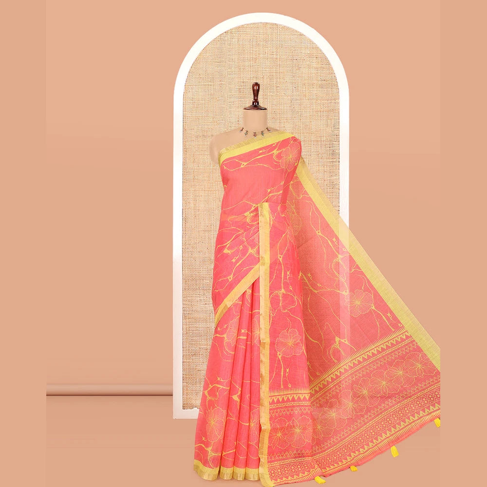 Pothys Pink Abstract Floral Printed Linen Cotton Saree, a Contrast Plain Border, and a Contrast Blouse