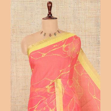 Pothys Pink Abstract Floral Printed Linen Cotton Saree, a Contrast Plain Border, and a Contrast Blouse