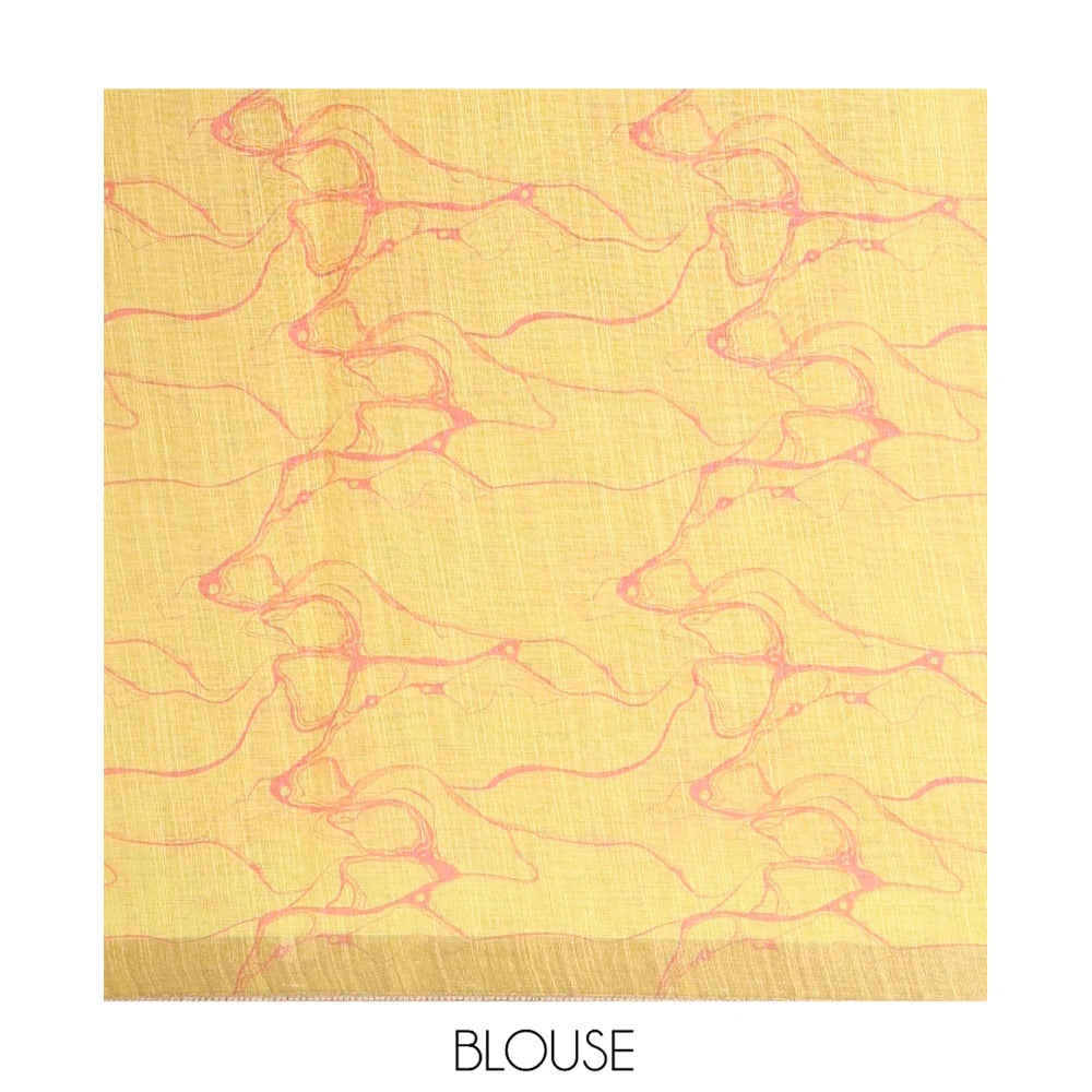 Pothys Pink Abstract Floral Printed Linen Cotton Saree, a Contrast Plain Border, and a Contrast Blouse