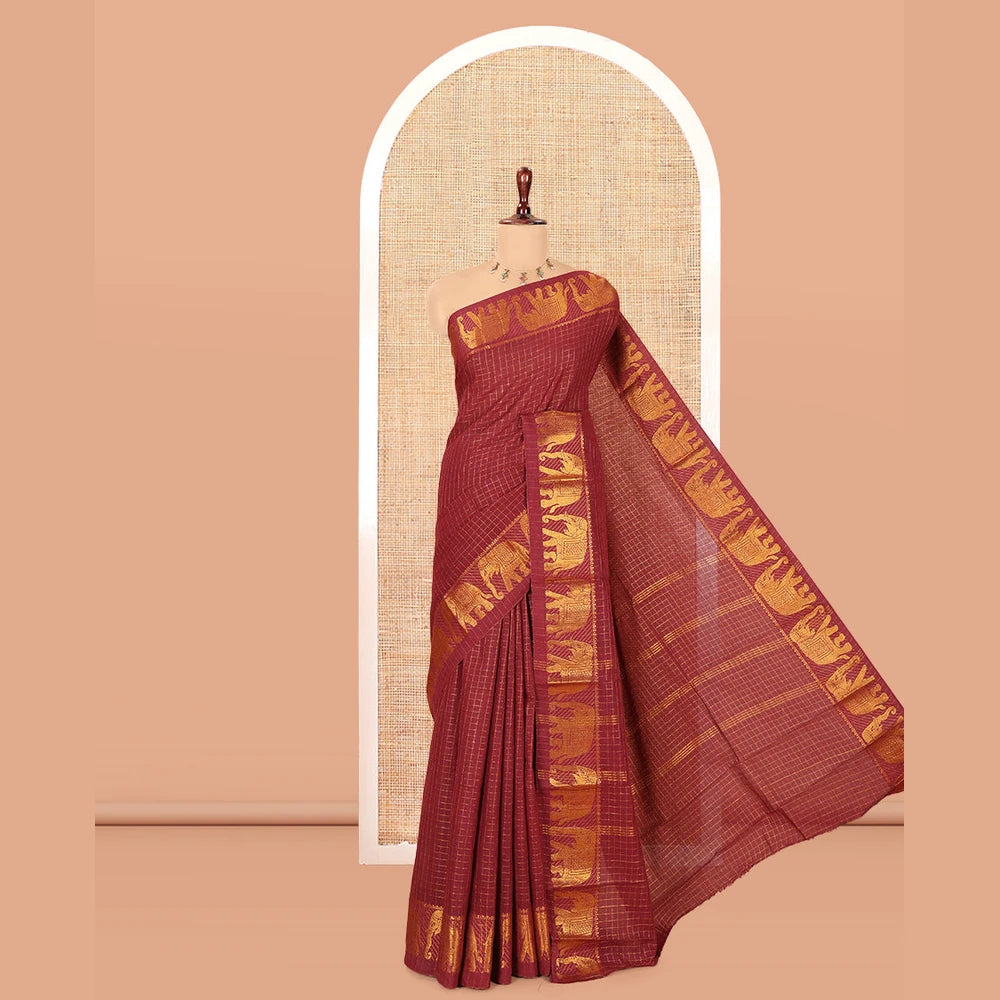 Pothys Maroon Checked Sungudi Cotton Saree, an Elephant Zari Border, and a Matching Blouse