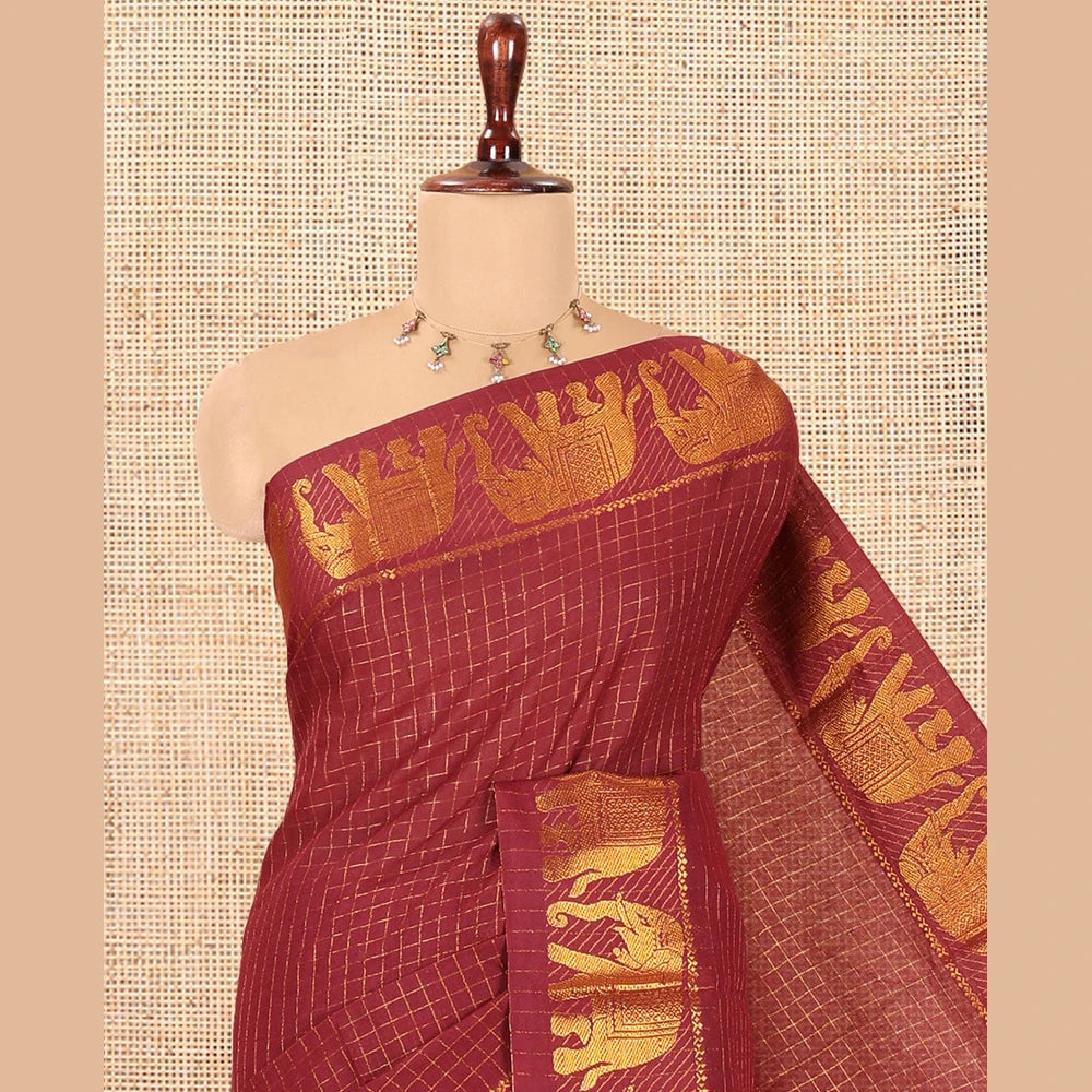 Pothys Maroon Checked Sungudi Cotton Saree, an Elephant Zari Border, and a Matching Blouse