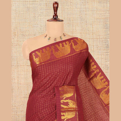 Pothys Maroon Checked Sungudi Cotton Saree, an Elephant Zari Border, and a Matching Blouse