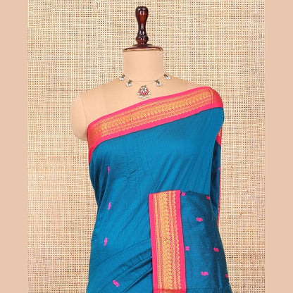 Pothys Blue Kalyani Cotton Saree, Woven with Thread Buttas, Complemented by a Contrast Traditional Border, Traditional Pallu, and a Contrast Blouse