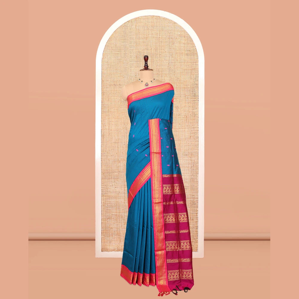 Pothys Blue Kalyani Cotton Saree, Woven with Thread Buttas, Complemented by a Contrast Traditional Border, Traditional Pallu, and a Contrast Blouse