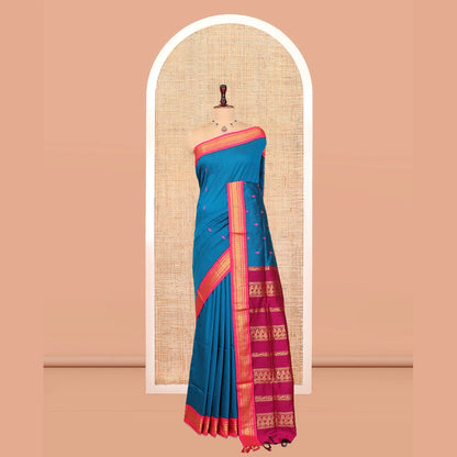 Pothys Blue Kalyani Cotton Saree, Woven with Thread Buttas, Complemented by a Contrast Traditional Border, Traditional Pallu, and a Contrast Blouse