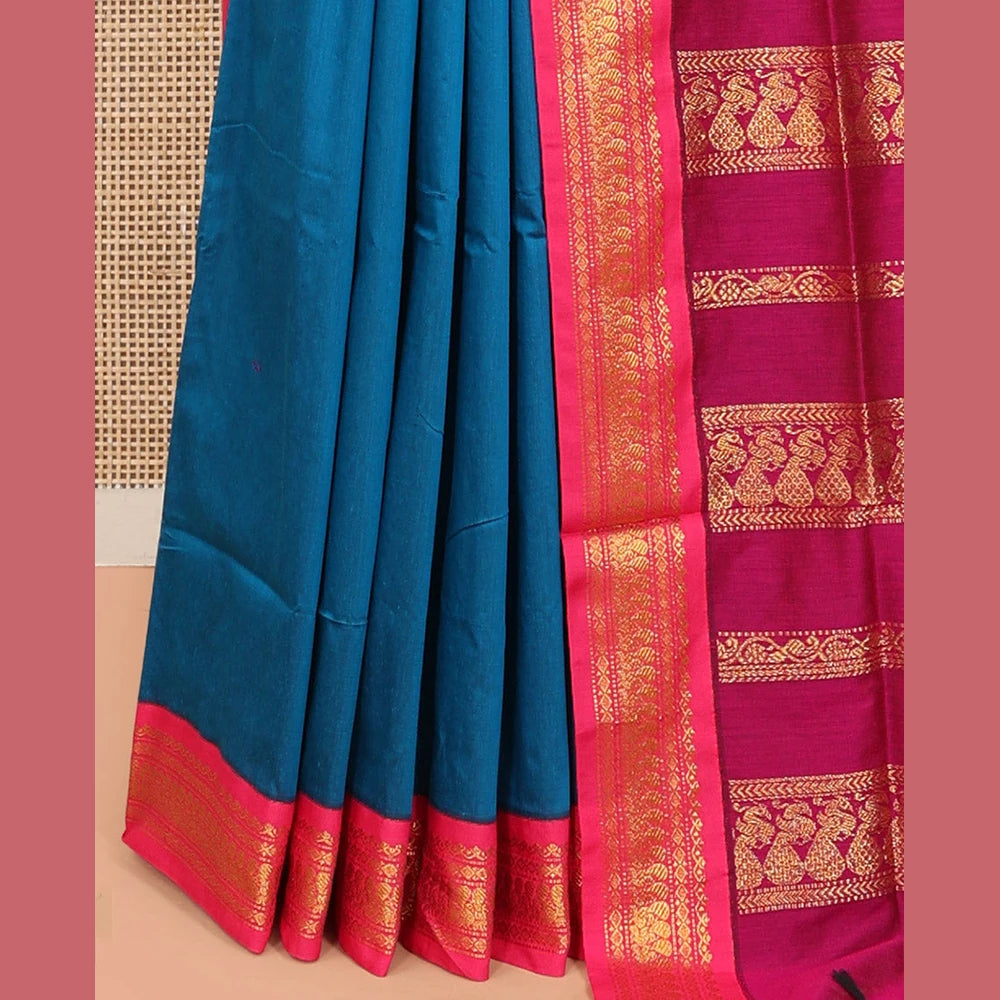 Pothys Blue Kalyani Cotton Saree, Woven with Thread Buttas, Complemented by a Contrast Traditional Border, Traditional Pallu, and a Contrast Blouse