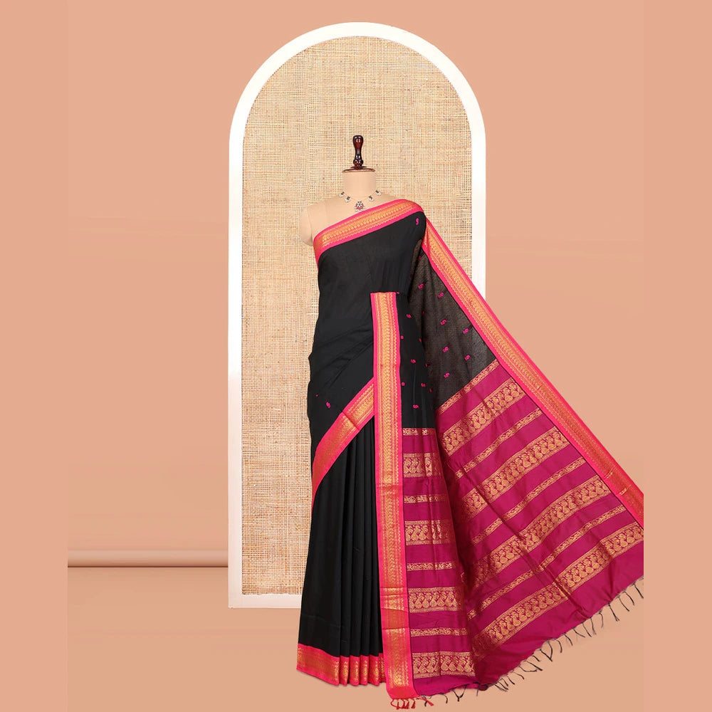 Pothys Black Kalyani Cotton Saree, Woven with Thread Buttas, Complemented by a Contrast Traditional Border, Traditional Pallu, and a Contrast Blouse