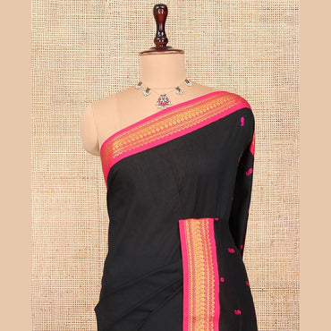 Pothys Black Kalyani Cotton Saree, Woven with Thread Buttas, Complemented by a Contrast Traditional Border, Traditional Pallu, and a Contrast Blouse