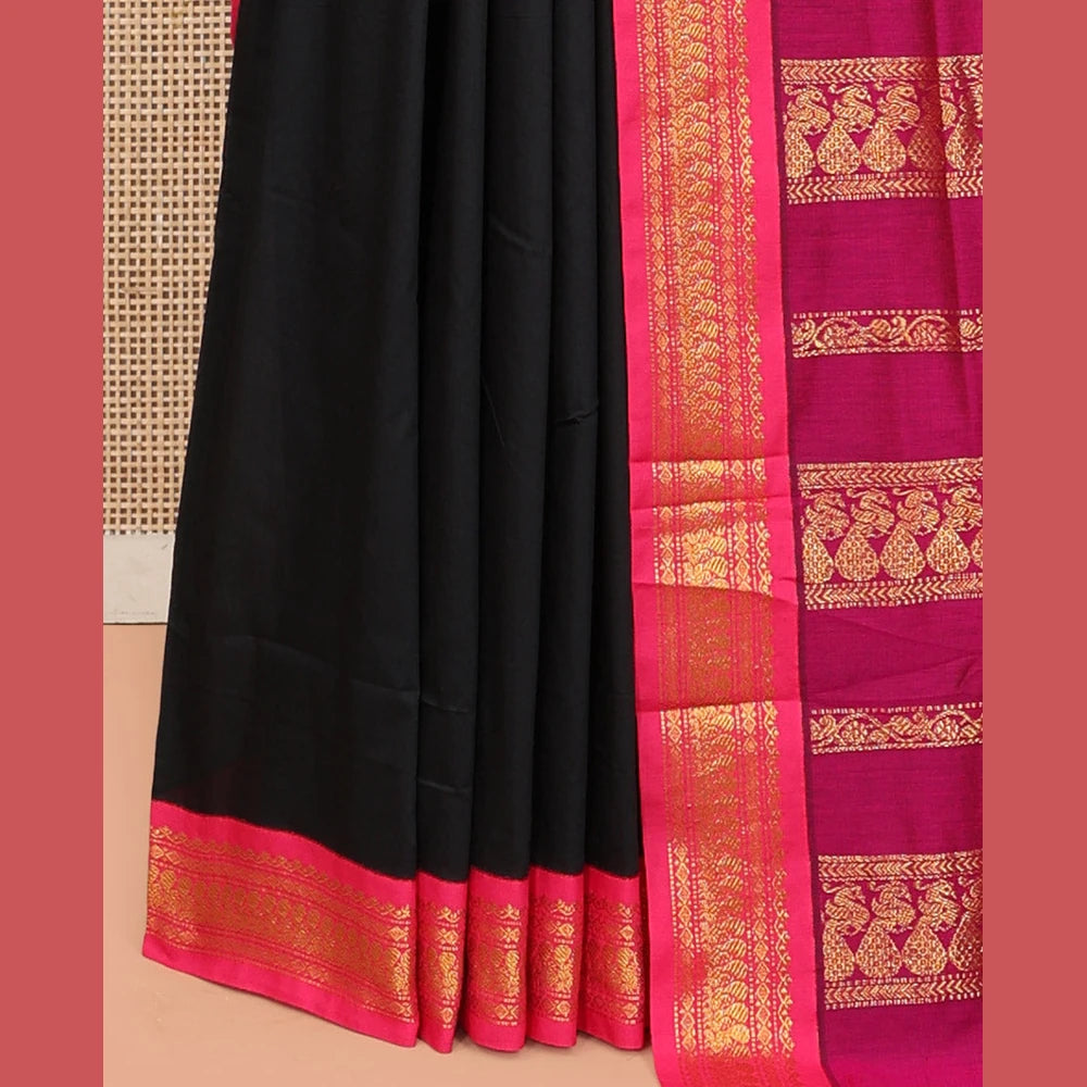 Pothys Black Kalyani Cotton Saree, Woven with Thread Buttas, Complemented by a Contrast Traditional Border, Traditional Pallu, and a Contrast Blouse