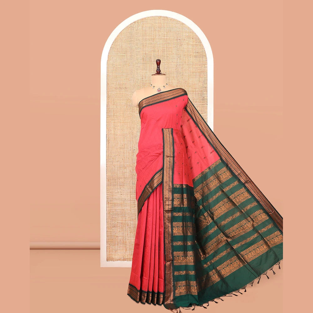 Pothys Pink Kalyani Cotton Saree, Woven with Thread Buttas, Complemented by a Contrast Traditional Border, Traditional Pallu, and a Contrast Blouse