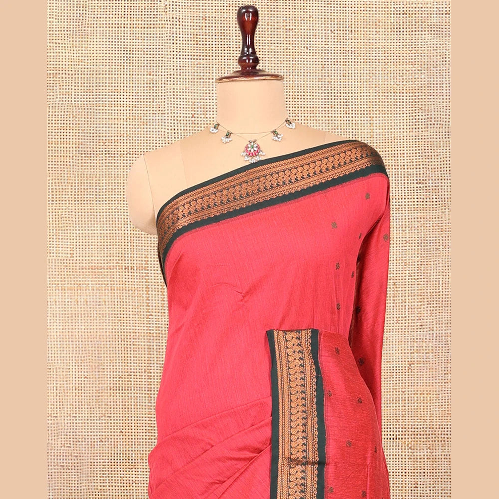 Pothys Pink Kalyani Cotton Saree, Woven with Thread Buttas, Complemented by a Contrast Traditional Border, Traditional Pallu, and a Contrast Blouse